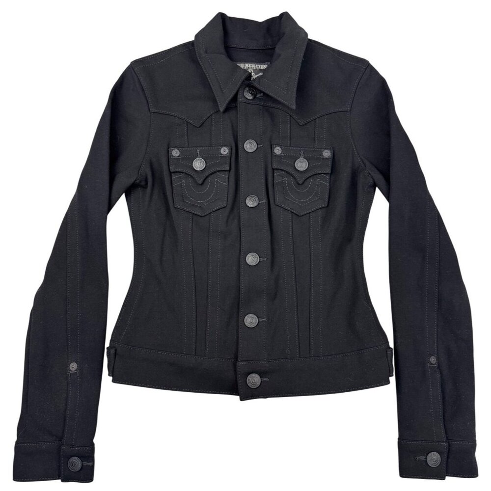 True Religion Womens Black stretch Denim Jacket Size S-M 90s Y2k Gothic Western